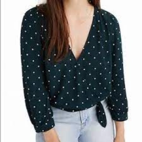 Madewell Top Women's Small Dark Hunter Green with polka dots Wrap Preppy - Picture 1 of 3